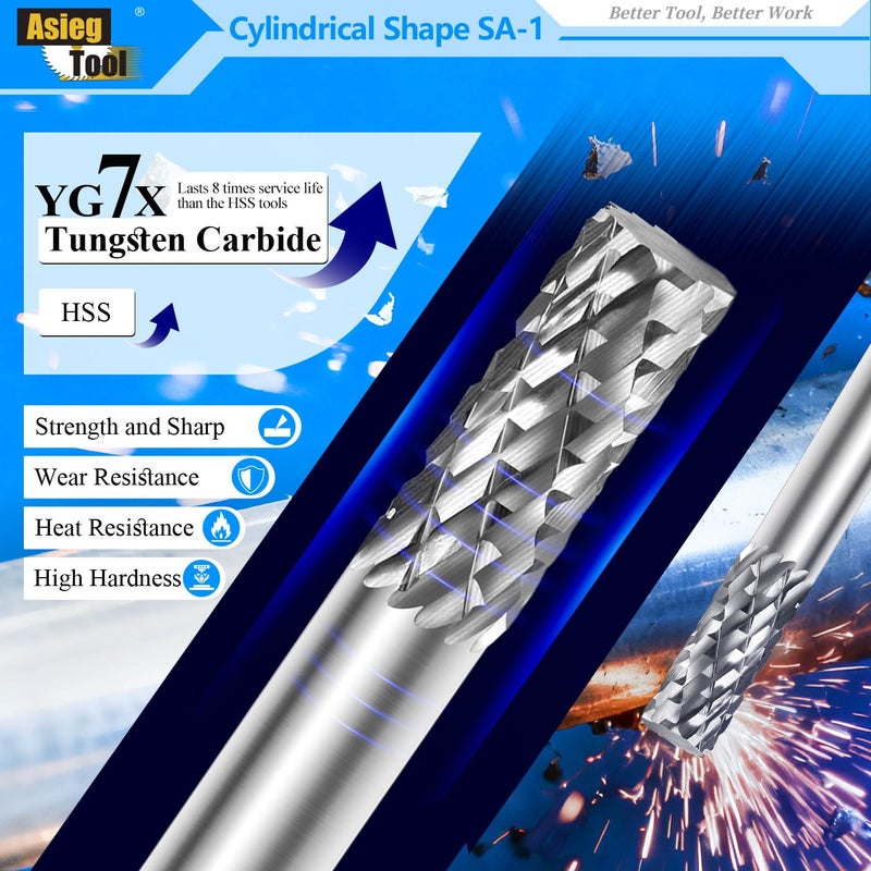 Asieg Tool SA-1 Solid Tungsten Carbide Burr Rotary File Cylindrical Shape Double Cut for Die Grinder Drill Bits 1/4'' Inch Diameter of Shank and Cutter 5/8'' Inch Cutter Length - Image 3